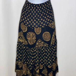 First option women’s black tan rayon tribal modest skirt Sz small petite boho